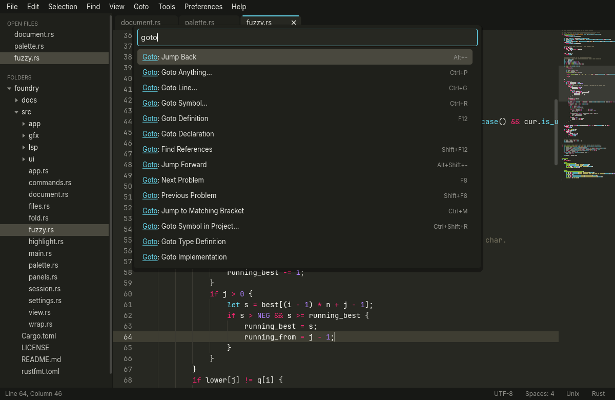 The command palette open over a Rust file, filtered by the word goto and listing the Goto commands with their key bindings.