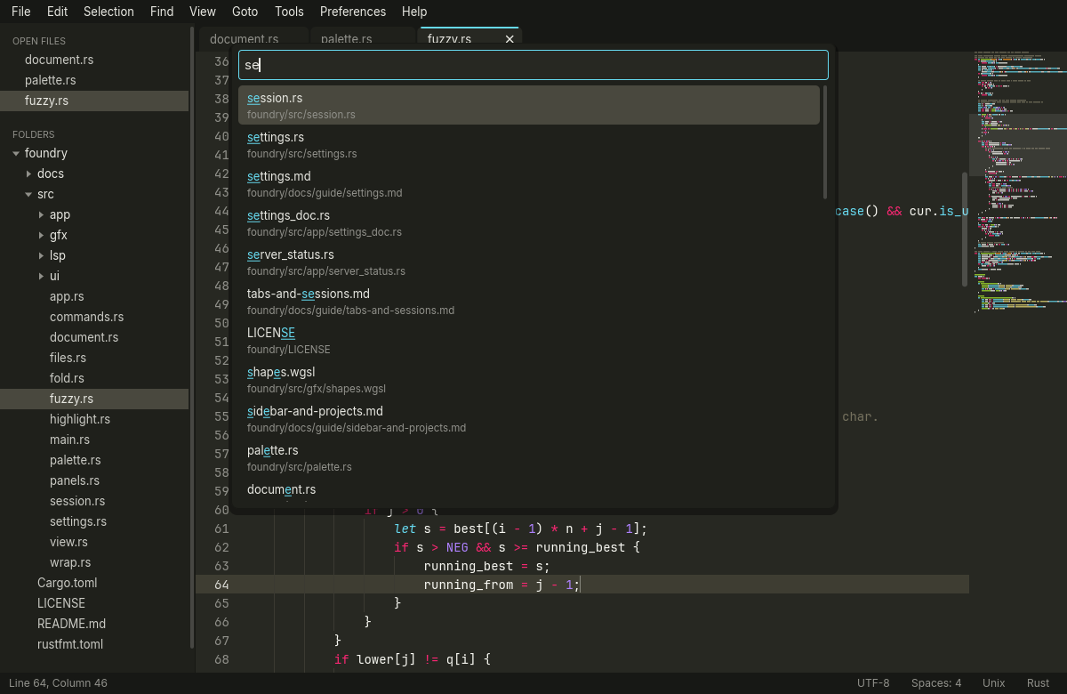 Goto Anything open with the letters s and e typed, listing matching file names with their project paths underneath.