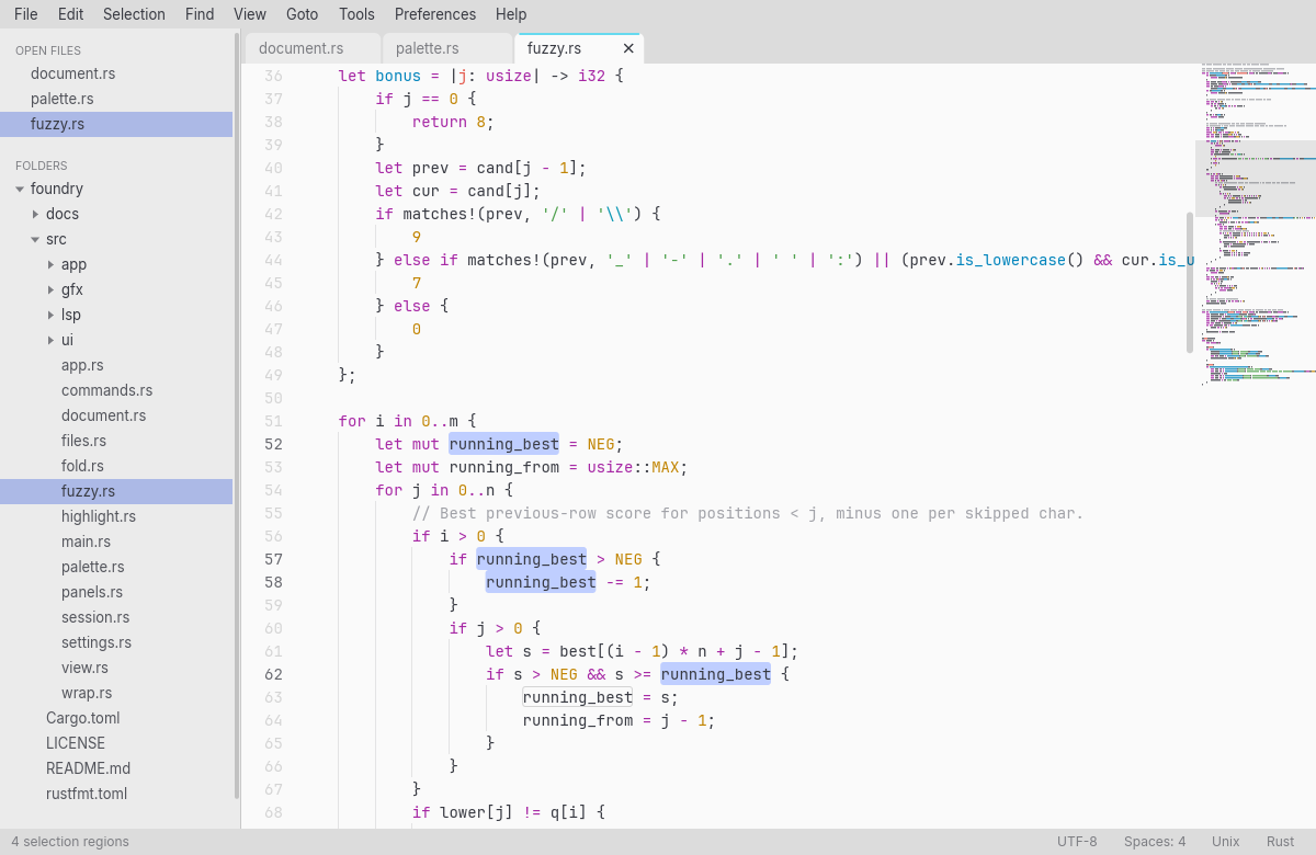 The same Rust file in the light OneHalfLight color scheme, with four selections highlighted in blue.