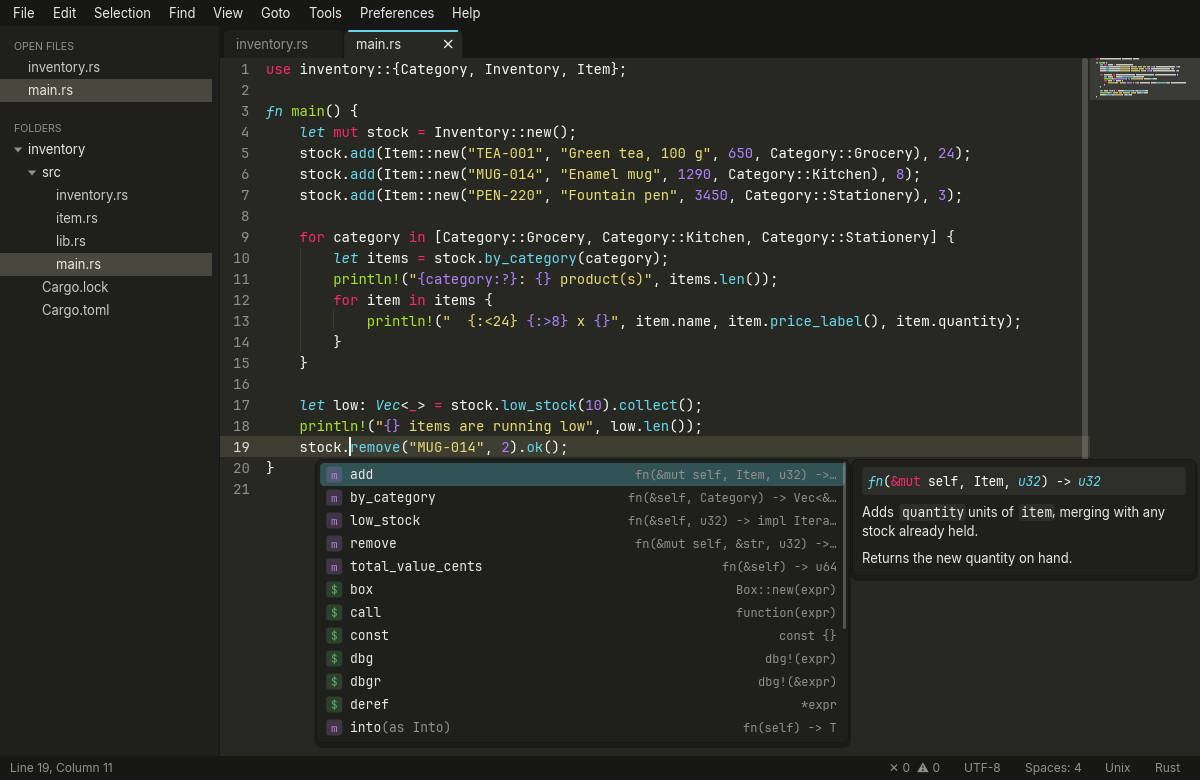A Rust file with a completion list open after typing a dot: the methods of an Inventory type with their signatures, and the documentation of the selected method in a panel to the right.