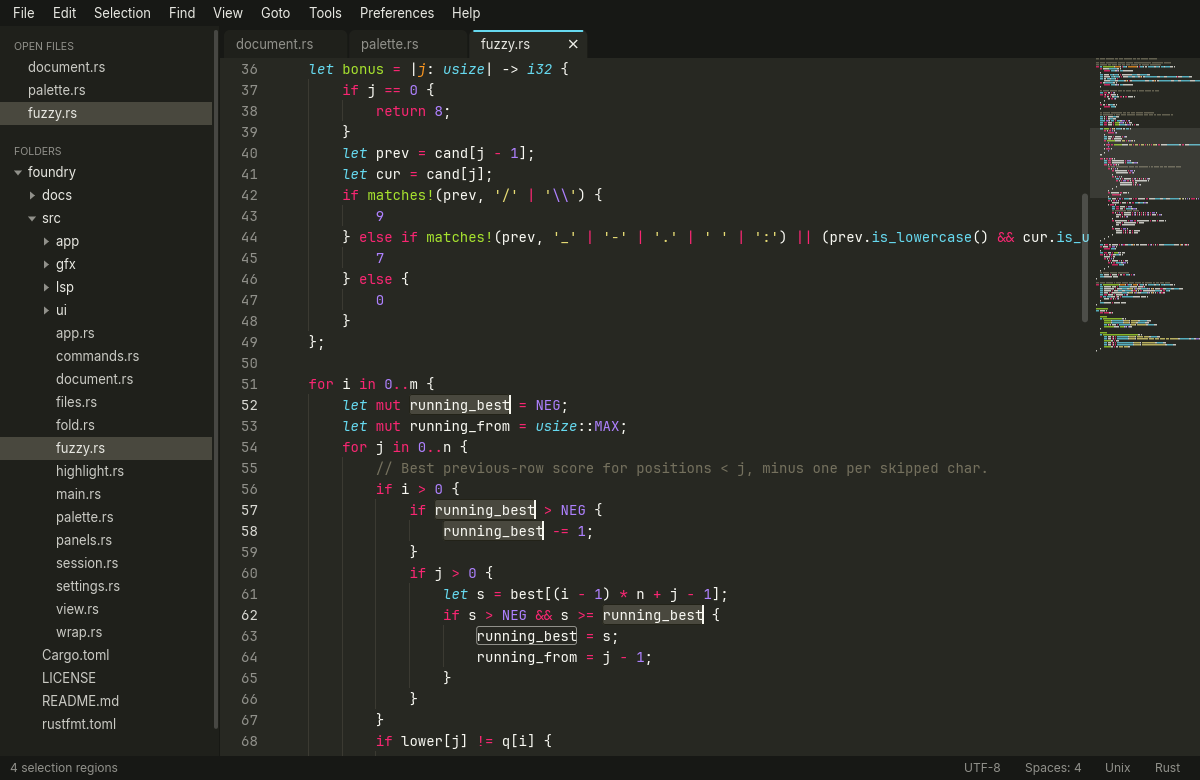 The Foundry window in the dark Monokai color scheme: a Rust file with syntax highlighting, four selections made with Ctrl+D, the side bar with a project tree on the left and the minimap on the right.